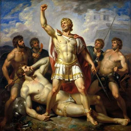 heroic alexander the great stands upon the mighty and fallen achilles, he is victorious and gleeful, painting by tom of finland, gaston bussiere, craig mullins, j. c. leyendecker, claude monet