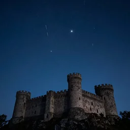 clear stary night sky over a medieval castle, shooting stars, low camera angle, moonlight, by raphael