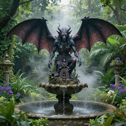 a tar demon worshipping a satanic altar atop a fountain in a lush dense verdant garden by victo ngai and dan mumford, bat wings, mist, hyperrealism, volumetric lighting, god rays, ultrafine details, sfumato, purple flowers, overgrown
