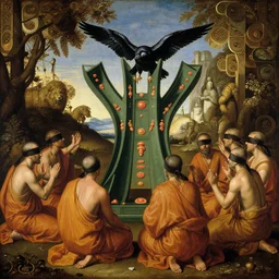 blindfolded hindu monks following giant crow greek senete baroque painting, lionardo davinchi