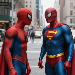 spider - man and superman meet in new york city street, high res, shallow depth of field, realistic image