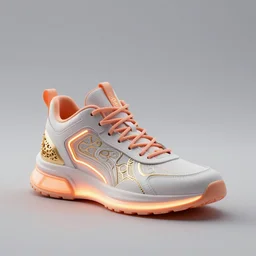 one futuristic high - top sneaker with neon illuminated soles on a grey surface, soft orange laces, clean 3 d render, beautiful studio lighting, soft, sharp focus, cyberpunk, intricate detail, gold filigree, soft rubber, octane render, trending on artstation, deviantart, art by iris van herpen and syd mead and android jones