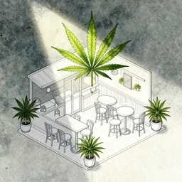vector drawn line art of cannabis cafe, isometric art, shading layer complete watercolor