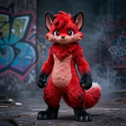photo ( far _ shot ), subject [ furry _ fandom _ fursona _ original _ character ( red - black, anthropomorphic _ humanoid _ furry, weasel - ferret - stoat ) ], background ( dark _ smokiness ), medium [ graffiti ]