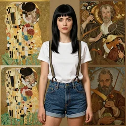 a woman with black hair and long pixie haircut in shorts with suspenders and white t-shirt drawn by Hans Andersen Brendekilde, norman rockwell, frank frazetta, alphonso azpiri, maler collier, peter paul rubens, alphonse mucha, gustav klimt 4k, unreal 5, DAZ, french noveau, trending on artstation, octane render, hyperrealistic