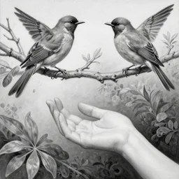highly detailed beautiful black and white oil painting, birds, hands, gesture, branches and foliage, harmony, beauty, masterpiece, durero, riccardo federici, james jean, craig mullins, alphonse musha, illustration, draw, spatula, splash