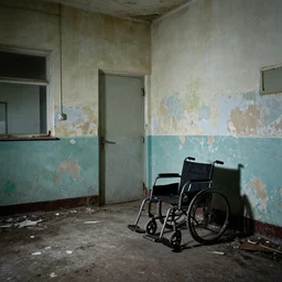 abandoned psychiatric ward with paint peeling of the walls, dirty floor, broken wheelchair, at night, photography