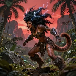 barbarian warrior woman with chimera monkey tail, monkey tail, furry tail, barbarian pelt, cavewoman, black hair, electrified hair, wild spiky black hair, upturned hair, surrounded by electrical aura, prowling around primeval jungle, palm trees, rocks, mountains, red sky, hyperdetailed, ultra high definition, realism, 4 k, frank frazetta