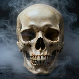 close up photography of a hyperrealistic skull emerging from smoke, smoke everywhere, front shot, skull, fog, smoke, mysterious, dark, dramatic lighting, close up, macro, clear, scary, dark art