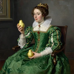 vintage beautiful painting of queen elizabeth the first in a green skirt holding a pear in Mary Cassatt style
