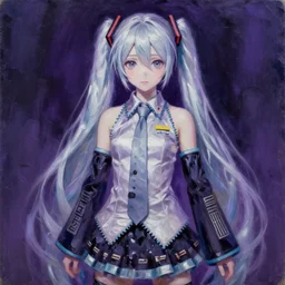 A portrait of Vocaloid Hatsune Miku by Alberto Burri, sad, omnious, purple colors, award-winning, highly detailed palette knife oil painting, thick impasto, painterly, autochrome, pinhole, realistic lighting, chiaroscuro, very ethereal, very ethereal, silver color, dark, chiaroscuro, nacre, pastel oil inks, paint-on-glass painting by, high fashion dress