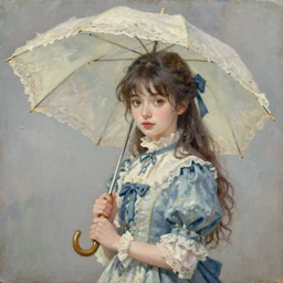 oil on canvas of a victorian anime young woman holding an umbrella. cute masterpiece extreme detail.