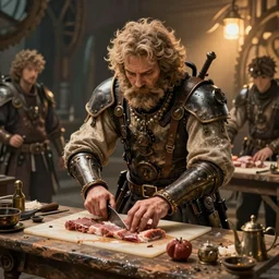 detailed ultrarealistic photo of postapocalyptic steampunk medieval butcher, brom, bernie wrightson, craig mullins, anime, ghibli
