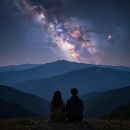 a beautiful landscape showing mountains, stars and galaxies in the background. The silhouet of a young couple sits in the foreground