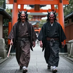 a realistic photo of 2 japanese demons walking through kyoto, scary, realistic, high detail,