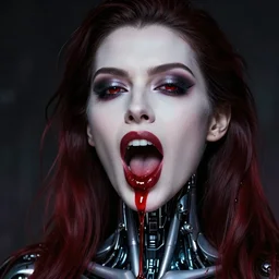 portrait photo of a female cyborg vampire blood coming from the mouth and eyes