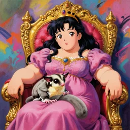 beautiful anime painting of fat asian princess and sugar glider chilling on her throne, by gaston bussiere, j. c. leyendecker, craig mullins. trending on artstation, 8 k, masterpiece, graffiti paint, fine detail, full of color, intricate detail, golden ratio illustration, face enhance, sugar glider