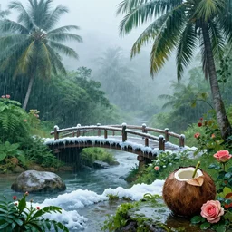 monsoon on tropical island, chinese, ornate, beautiful, atmosphere, vibe, mist, coconuts, rain, wet, pristine, puddles, melting, dripping, snow, creek, lush, ice, bridge, forest, roses, flowers, by stanley artgerm lau, greg rutkowski, thomas kindkade, alphonse mucha, loish, norman rockwell