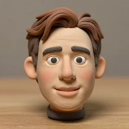 christopher reeve caricature !!! very extremely realistic!!! extreme likeness!!! smooth specular clay! extremely close smooth specular sculpted headshot of christoper reeve caricature caricature clay puppet , soft light, on wooden table. style: claymation puppet kids clay , by guldies