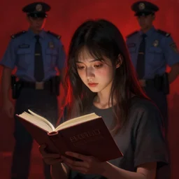 a girl reading a book. hiding from authorities. atmospheric red lighting. scary. highly detailed digital painting by greg rutkowski. sharp focus. 8 k.