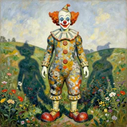 clown statue colossus textured in color lichen stands in flower garden on hills by henri rousseau masterpiece shadows and highlights mucha beksinski symmetrical face