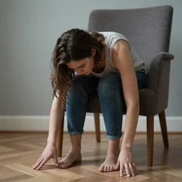 a small woman with difficulties to reach the floor when sitting in a tall chair, hyper realistic, high detail,