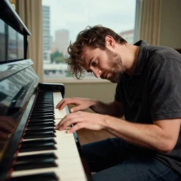 extremely drunk man playing the piano in the city of atlantis