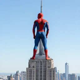 marvel spider - from back hands on waist standing on top of the empire state building