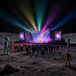View of the scenario of an outdoor rock concert in a lunar landscape, darkness, night lighting, colored spotlights, psychdelic lights, a gloom, much public to the stage looking at the concert, the public is formed by aliens and robots, Alexander style Jansson, realistic, many details, ultra detailed, render, render Vray, octane render, rendering, unreal Engine5, HDRI, bokeh, 90mm, f/1.4