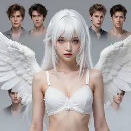 character design by vincent di fate, jakub rebelka, tran nguyen, yoann lossel, wadim kashin ( ( ( portrait of a white haired cute japanese girl with white wings in a white elegant bra ) ) ) sharp edges. ultra clear detailed. 8 k. ultra detailed, elegant, intricate,