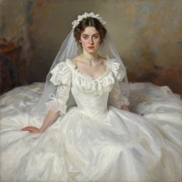 portrait painting of a woman posing in an artistic over a bed, white victorian wedding dress by jeremy mann, only one head single portrait