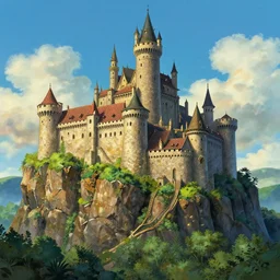 medieval castle on a steep cliff, digital art, concept art, magic fantasy, scenic, vibrant colors, high contrast, highly detailed, trending on artstation, 8k, andreas rocha, sylvain sarrailh, darek zabrocki, bastien grivet, finnian macmanus, dylan cole, liang mark, albert bierstadt, sung choi, peter mohrbacher, greg rutkowski, thomas kinkade, dan mumford, studio ghibli
