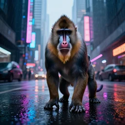 a high quality low wide angle photo of a Mandrill monkey on the streets of a cyberpunk city, rainy, reflective ground, neon lights, realism, 8k