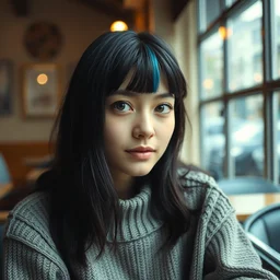 a photograph of a nerdy young woman wearing a sweater, sitting in a cozy cafe, black hair with blue highlights, dof, sharp focus, highly detailed face, symmetric face, realistic iris, cinestill 8 0 0 t, photography by paolo roversi