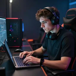 realistic man using laptop in gaming room, artstation trends, cyberpunk concept art, highly detailed, intricate, sharp focus, digital art, 8 k