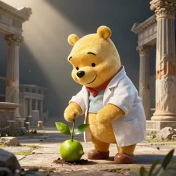 Winnie the Pooh dressed as a scientist planting a lime in Ancient Rome, Digital art
