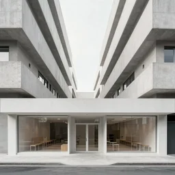 symmetry, parallel perspective with center end point, parallax mapping of brutalist shop, minimalist architecture, octane render, high quality