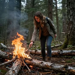 a woman setting fire to the dead forest with her footsteps realistic cinematic 3 5 mm