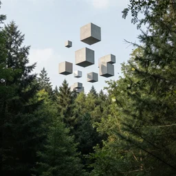landscape of a forest with cubes in the sky, photorealistic, photography, sharpness,