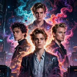 a young mix of harrison willem michael depp dafoe emerson ford, evil cyber wizard, intricate colorful cosmic smoke magic, futuristic cyberpunk bladerunner city vista, hyperrealism, octane render, extremely detailed, style of mark ryden, earl nore, hyung tae, frank frazetta