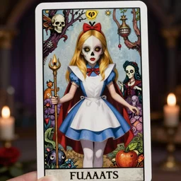 Queen of Hearts, Alice in Wonderland, Death Tarot card,highly detailed,half skull face,cinematic,8k,by Stanley Artgermm,Tom Bagshaw,Greg Rutkowski,Carne Griffiths, Ayami Kojima, Beksinski, Giger,trending on DeviantArt,hyper detailed,horror, full of colour