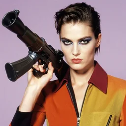 extremely detailed studio closeup portrait of a fashion model holding a bazooka on shoulder. surreal photograph, lo - fi, polished look, solid background, silly and serious, hermes ad, fashion photography, toiletpaper magazine by pierpaolo ferrari and maurizio cattelan, 3 5 mm photograph, colourful, david lachapelle, canon eos c 3 0 0, 8 k, medium - format print