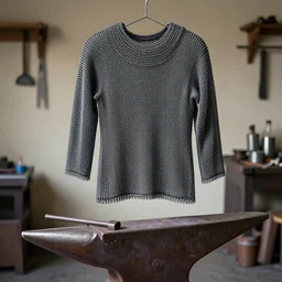 detailed painting of a chainmail shirt on top of a blacksmith's anvil