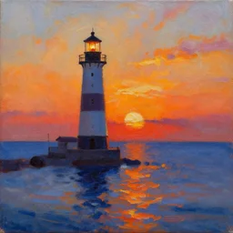 sunset by the lighthouse. palette knife oil painting on canvas by leonid afremov.