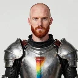 handsome balded ginger man, short beard, rainbow knight, 8 k photography