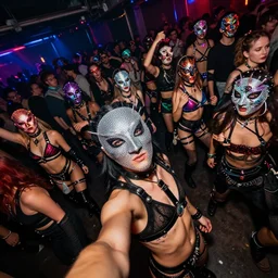selfie at a provocative techwear packed busy rundown nightclub, lots of people, males and females breakdancing, variety of sharp sparkly creepy masks, harnesses and garters, retrofuturism, brutalism, cyberpunk, tilted frame, long exposure, 4k, high resolution, 4k, 8k, hd, wide angle lens, highly detailed, full color, harsh light and shadow, intoxicatingly blurry