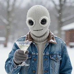 brightly lit closeup photograph of a Knitted Sleestak holding dirty martini and wearing vintage jean jacket during snowstorm