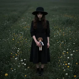 a girl standing in a field, alone, wearing black dress and hat, doll in hand, detailed hands, by andrea kowch, dark, scene, magic realism, flowers, perspective