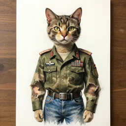 Portrait figure study ripped physique kitty cat general camouflaged as a kitty cat man wearing a military officer uniform jean helion greg rutkowski Dan Witz norman rockwell victo ngai