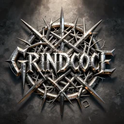 grindcore logo, metal font, unreadable, complex, complicated, intertwined, branching